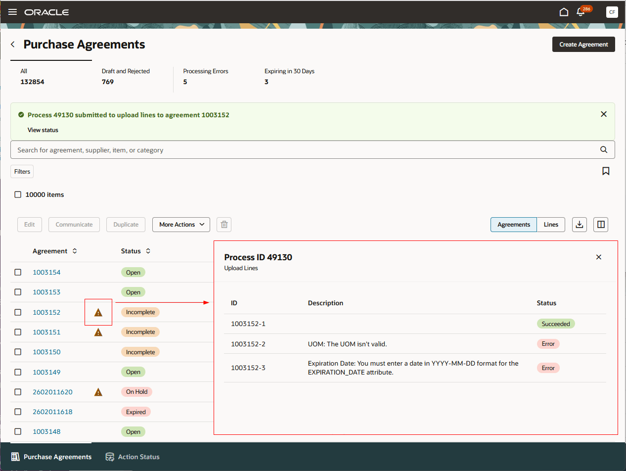 Upload Agreement Lines Exceptions