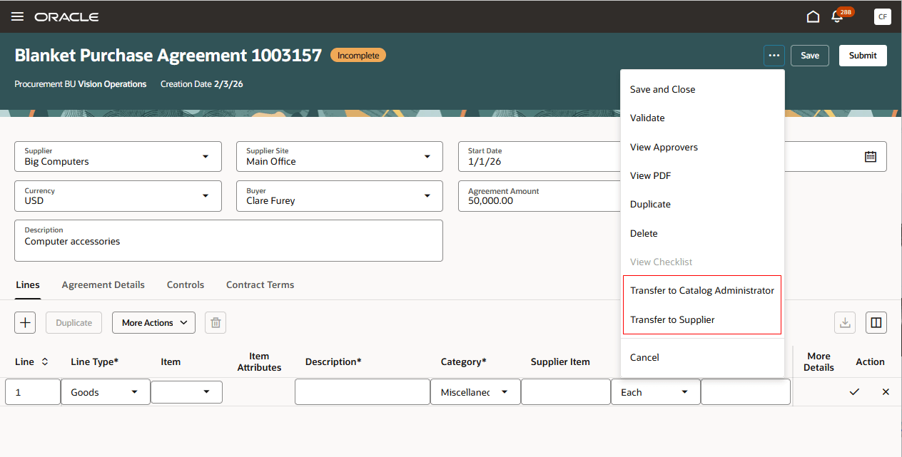 Transfer Blanket Purchase Agreement to Catalog Administrator or Supplier