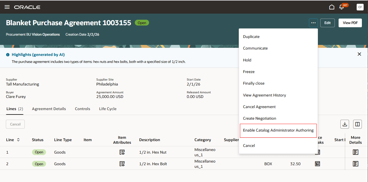 Enable Blanket Agreement for Catalog Administrator Authoring