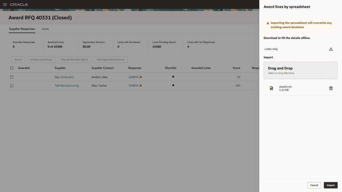 Importing Award by Lines Spreadsheet