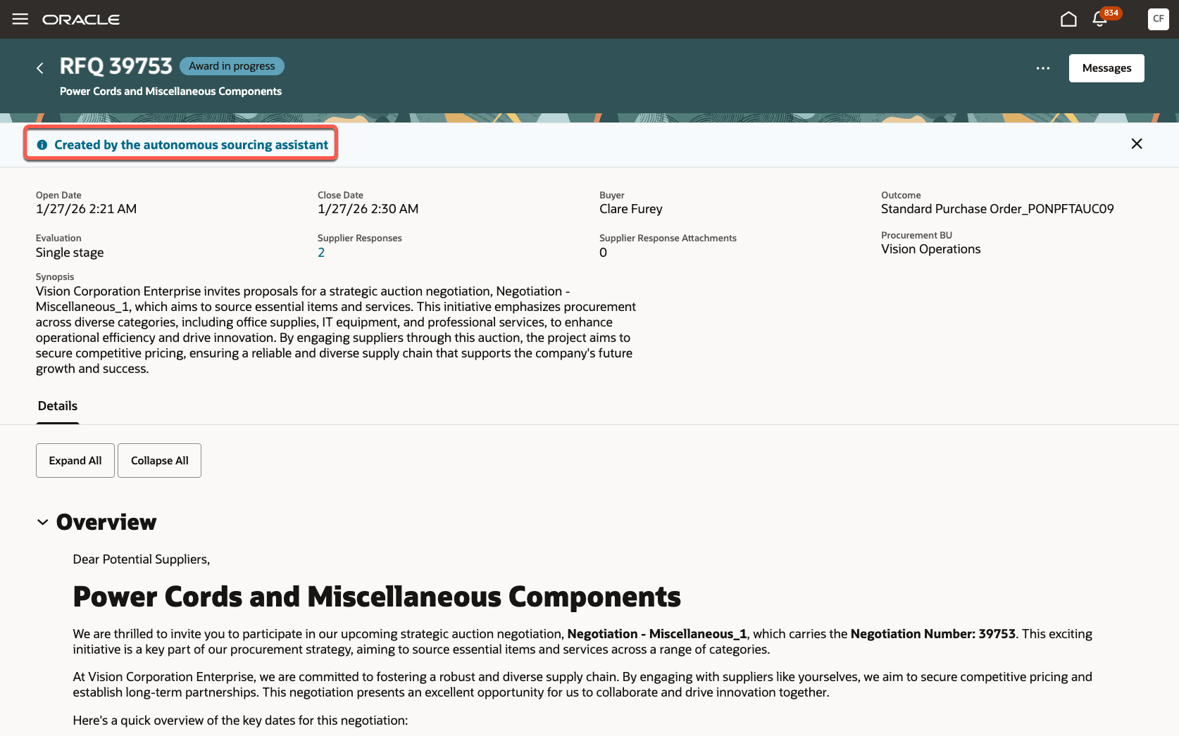 View Negotiation - Autonomous Sourcing Banner Message