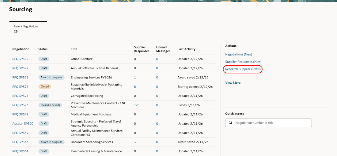 Use Research Suppliers (New) Action on The Redwood Sourcing Landing Page