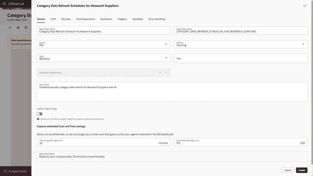 Enter Details of New Agent Team for Scheduling Indexing of Purchasing Categories