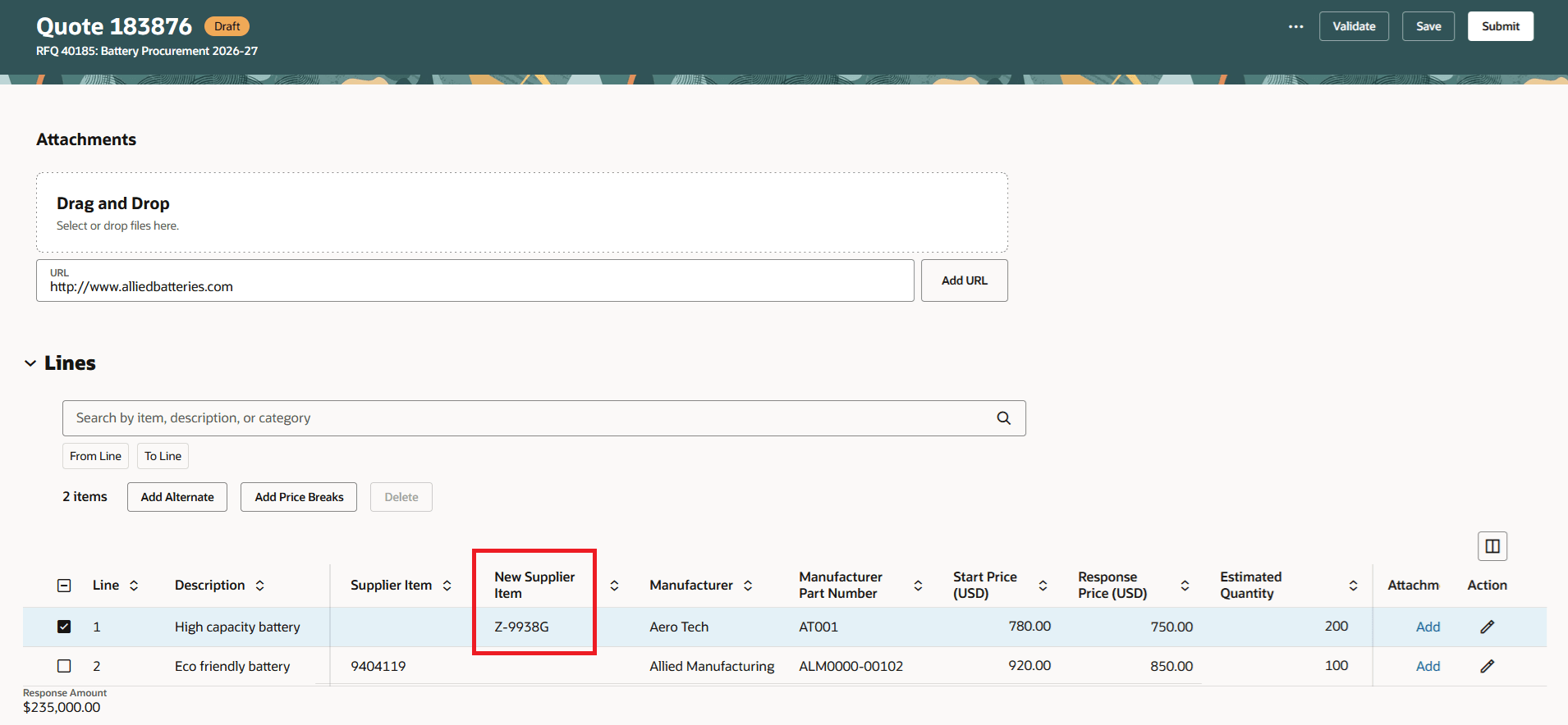 Add new supplier item during response creation