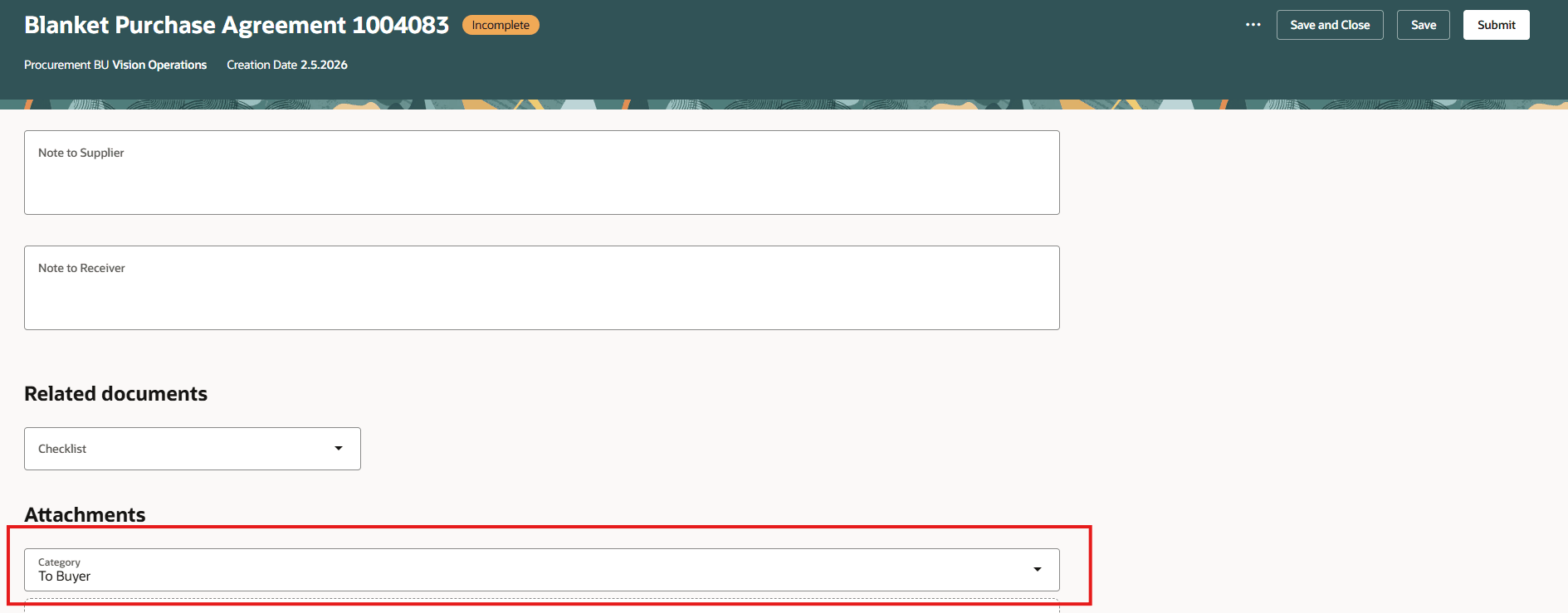 Attachment Category Defaulted to “To Buyer” at Header Level