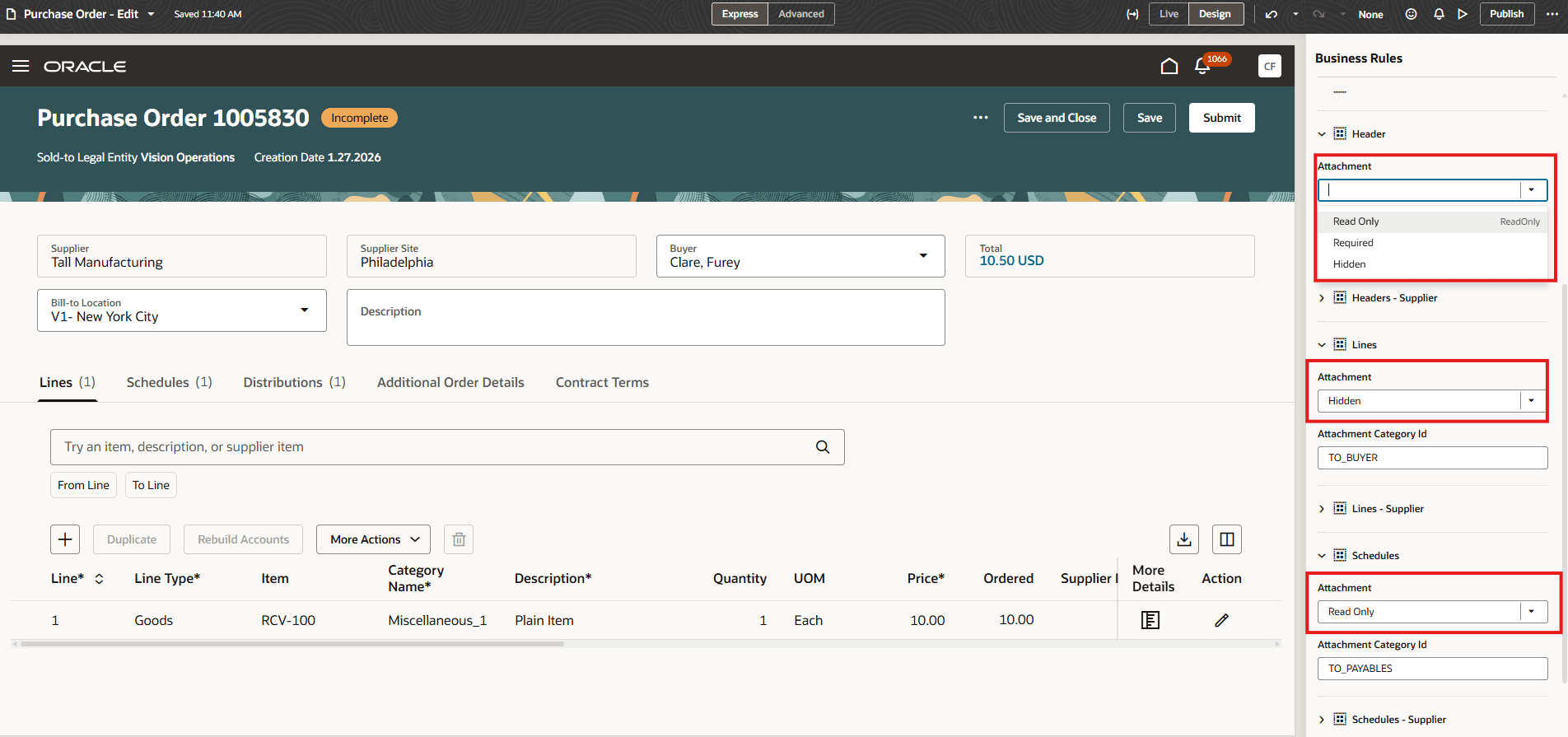 Purchase Order Attachments Configuration Using Visual Builder Studio