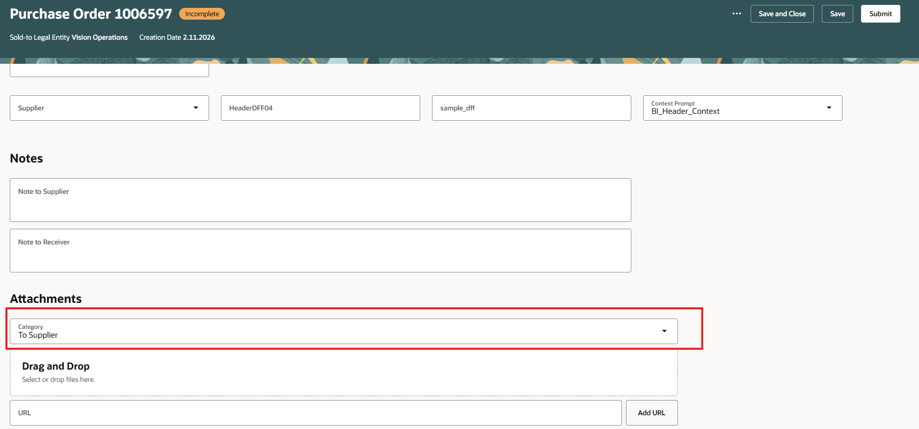 Attachment Category Defaulted to “To Supplier” at Header Level