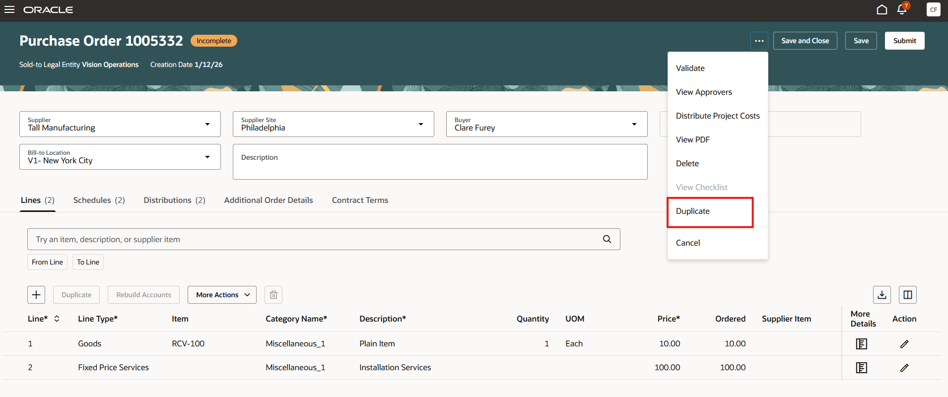 Duplicate Action on a Purchase Order Header