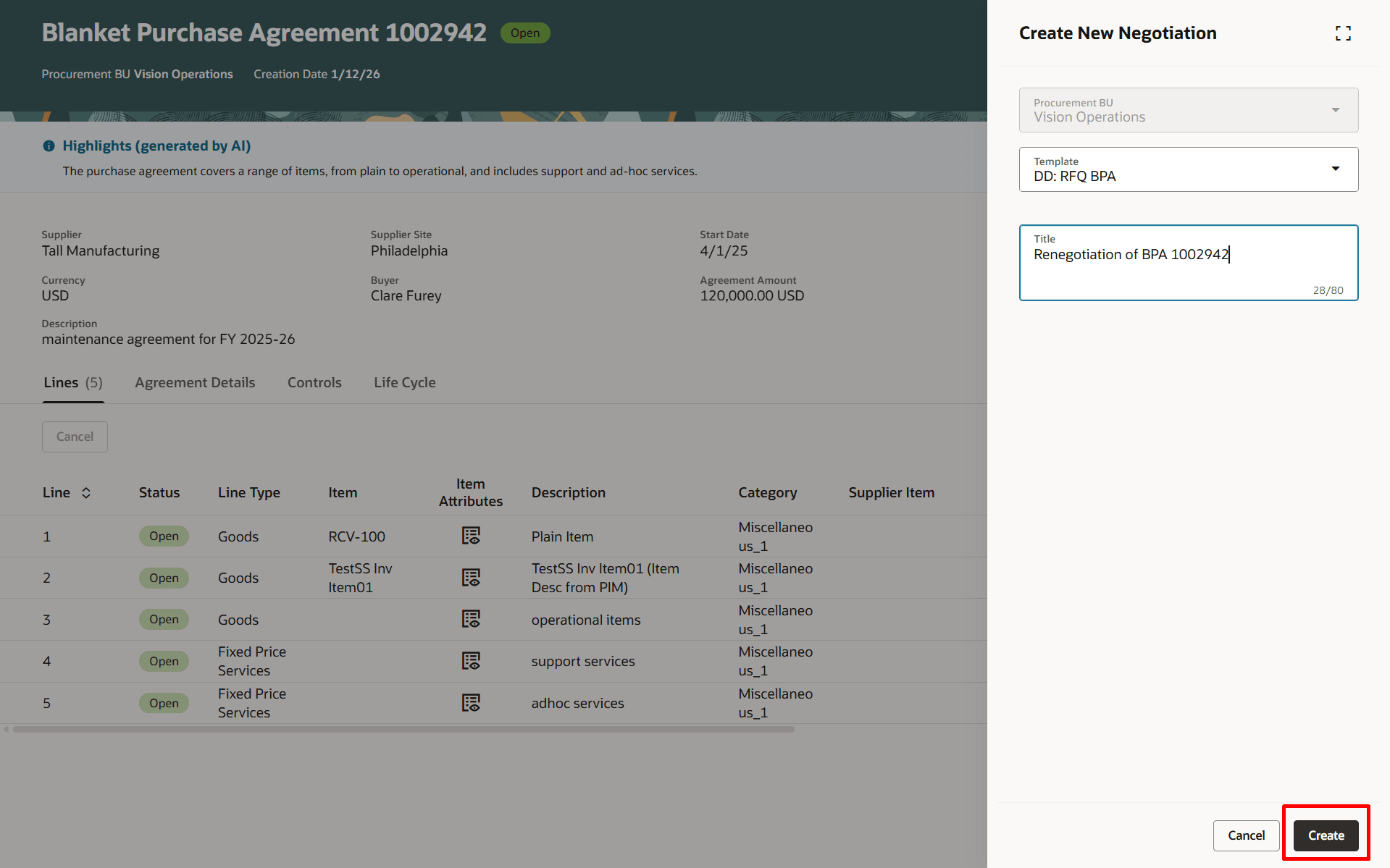 Enter Negotiation Template and Negotiation Title on the New Negotiation Drawer
