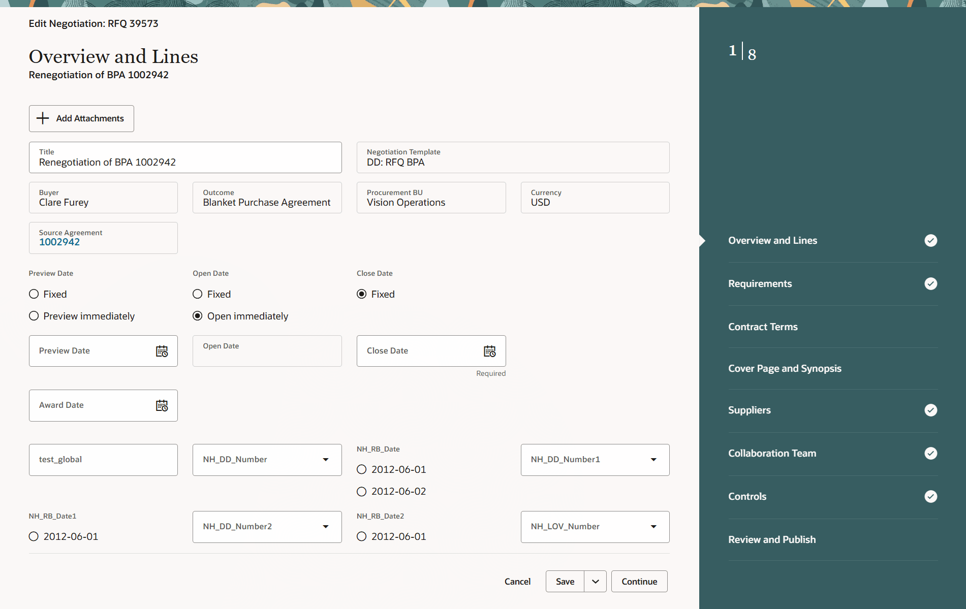 Edit Negotiation Page Created From a Blanket Purchase Agreement