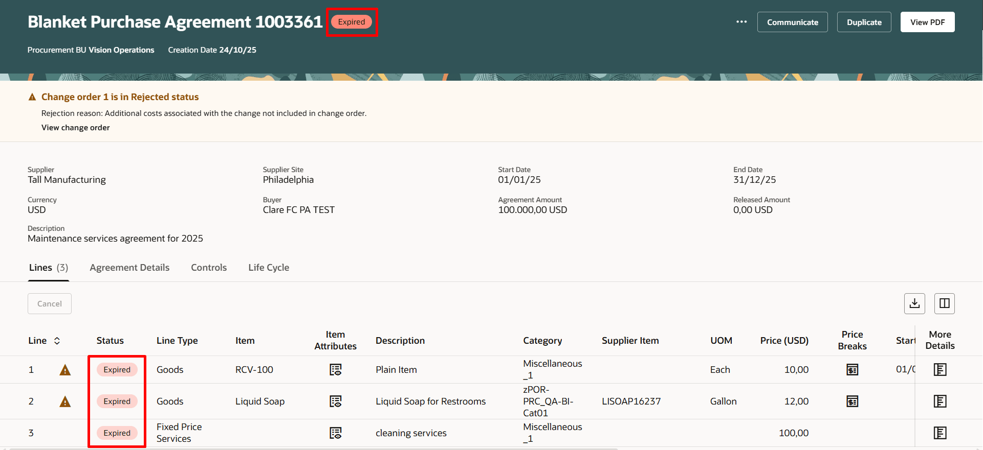 Redwood Purchase Agreements Page Displaying an Expired Purchase Agreement