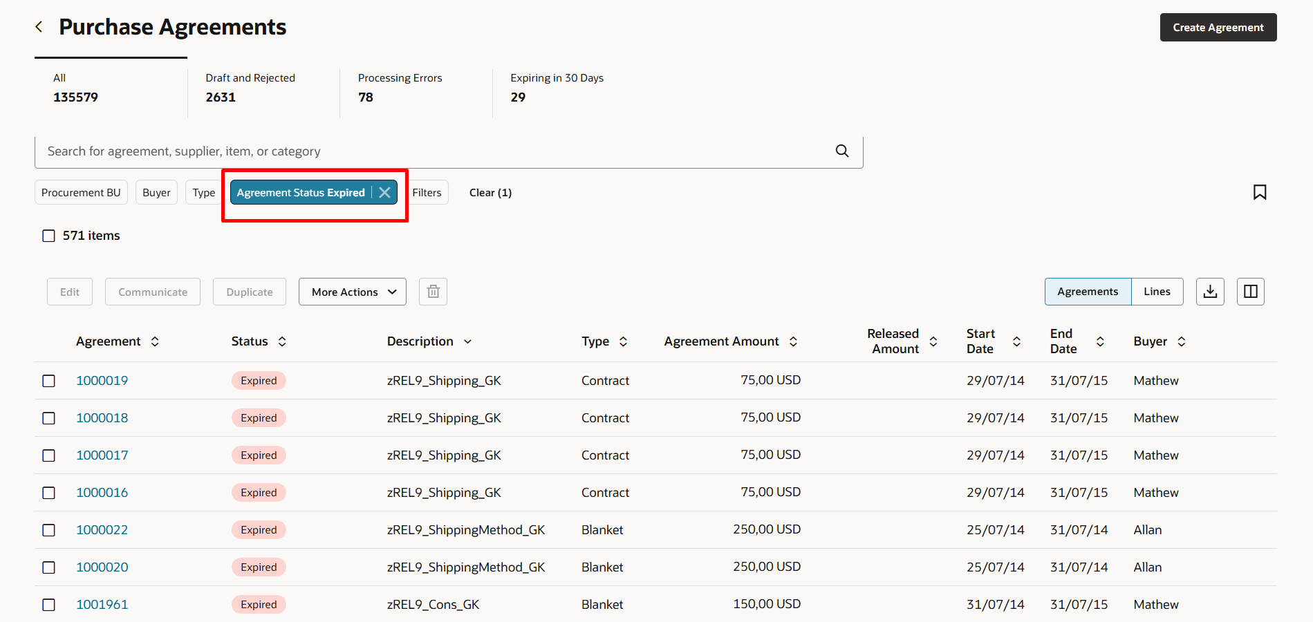 Redwood Purchase Agreements Workbench Page Displaying an Expired Status for Purchase Agreements Past its End Date