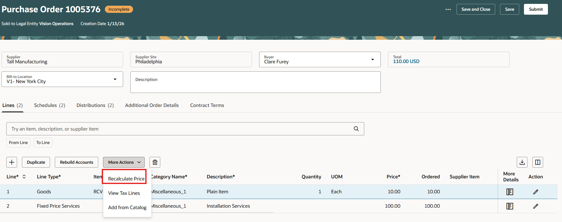 Recalculate Action on an Incomplete Purchase Order Line