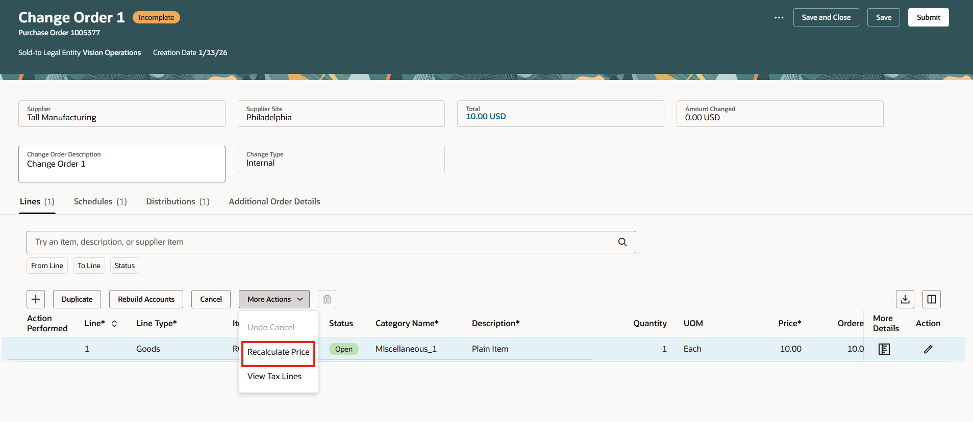 Recalculate Action on a Requester-Initiated Change Order Line