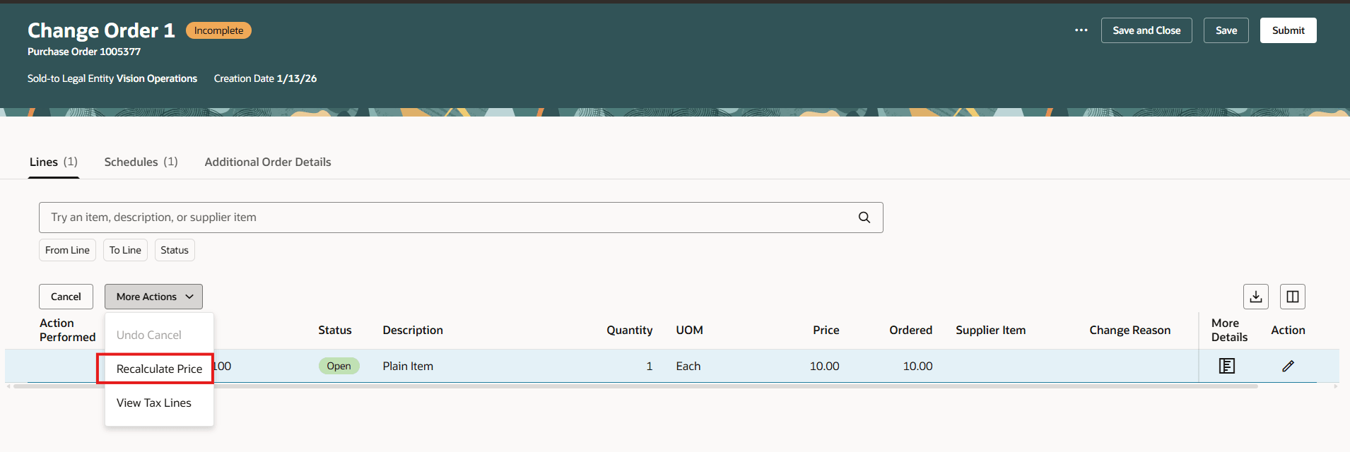 Recalculate Action on a Supplier-Initiated Change Order Line