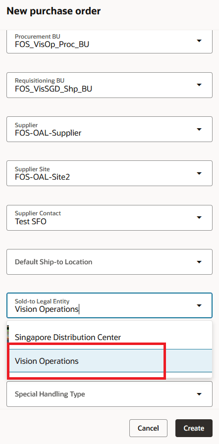 Choose Legal Entity in the New Purchase Order Drawer
