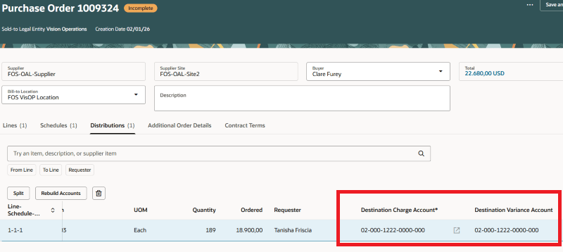 Destination Charge Account and Destination Variance Account Attributes on Purchase Order Distribution