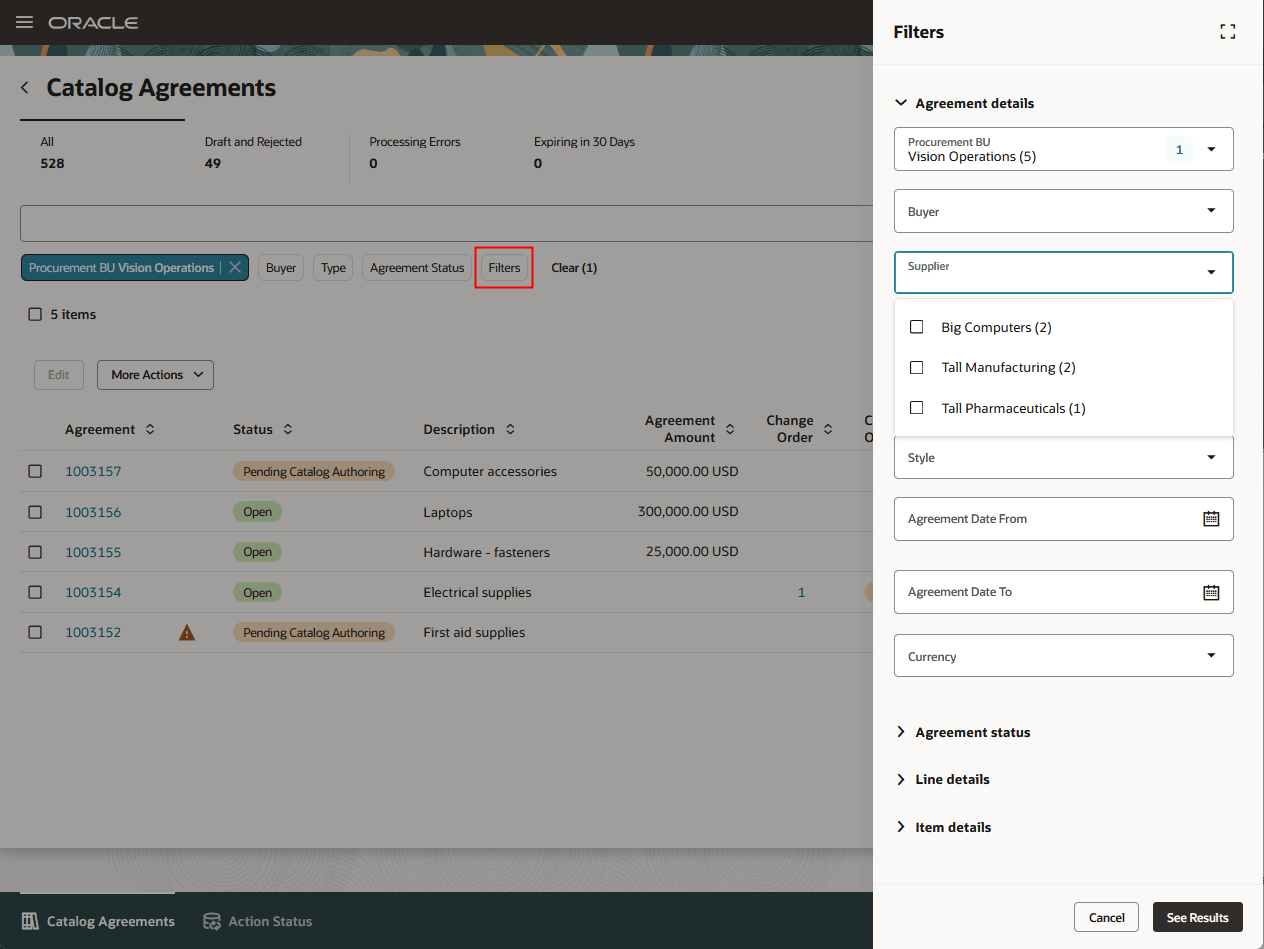 Catalog Agreement Filters