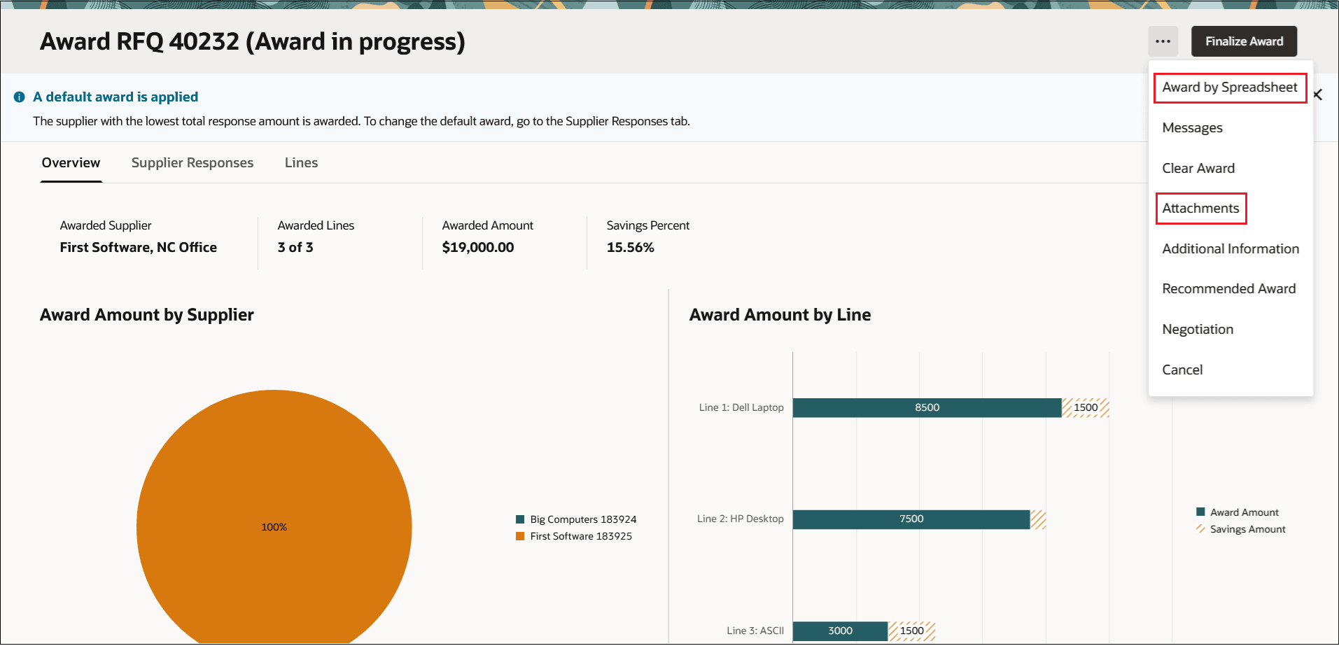 Actions to add award attachments and award by spreadsheet
