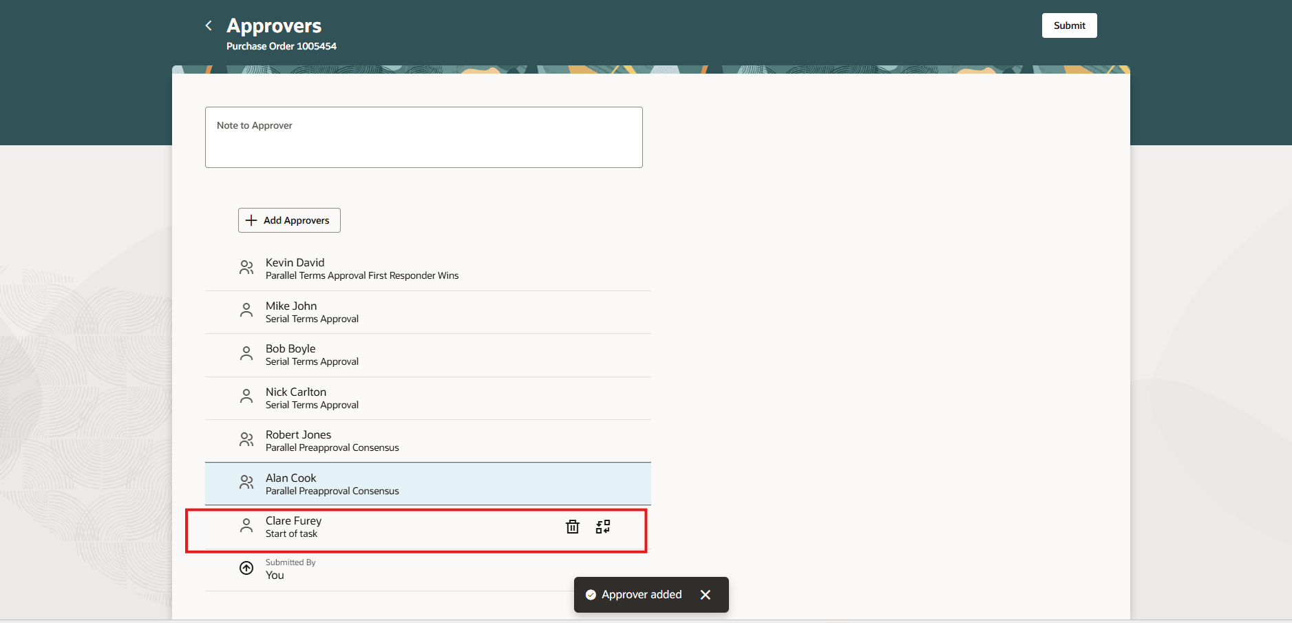 An Approver Added to Start of Task