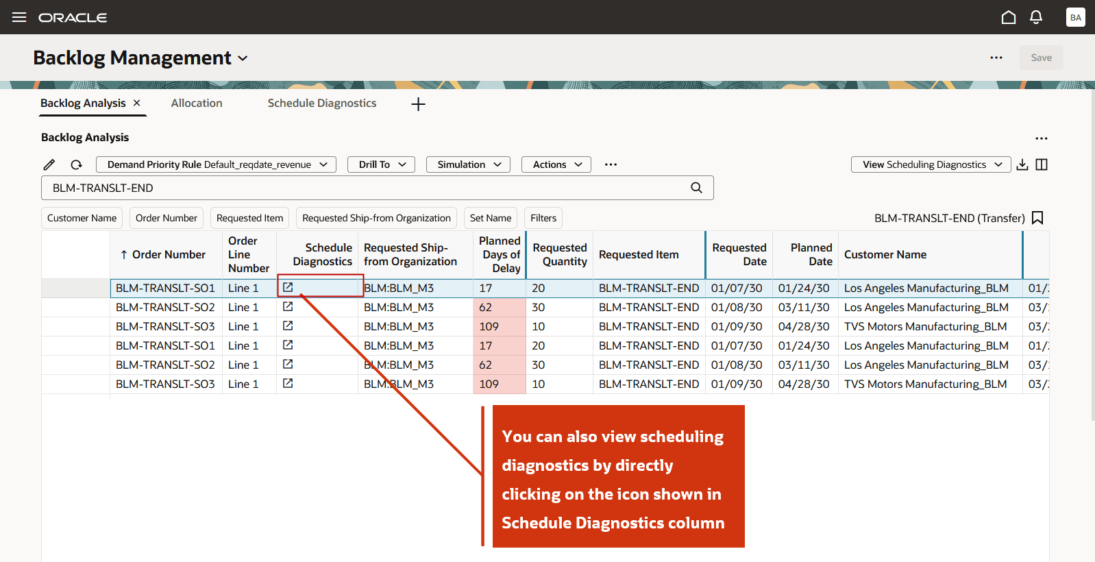 Click the Icon in Schedule Diagnostics Field