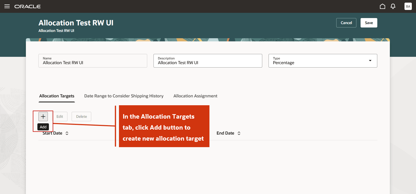 Allocation Targets Tab to Add New Allocation Targets