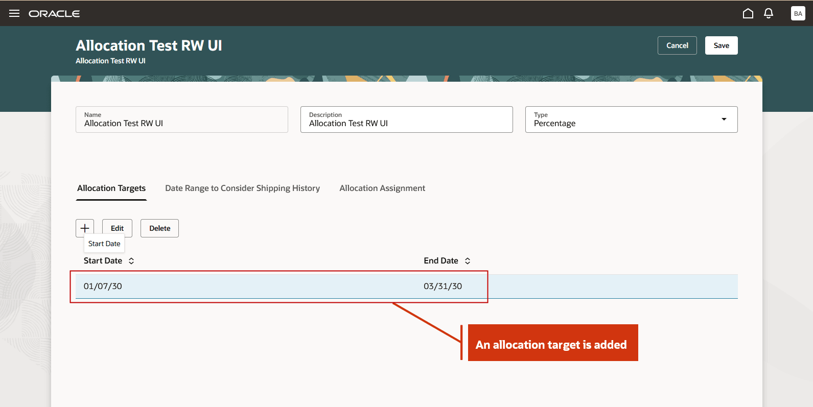 Allocation Targets Shows a Record with Start and End Date