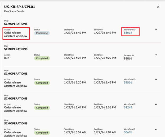 Order Release Assistant Workflow Status and Link in the Plan Status Details Panel