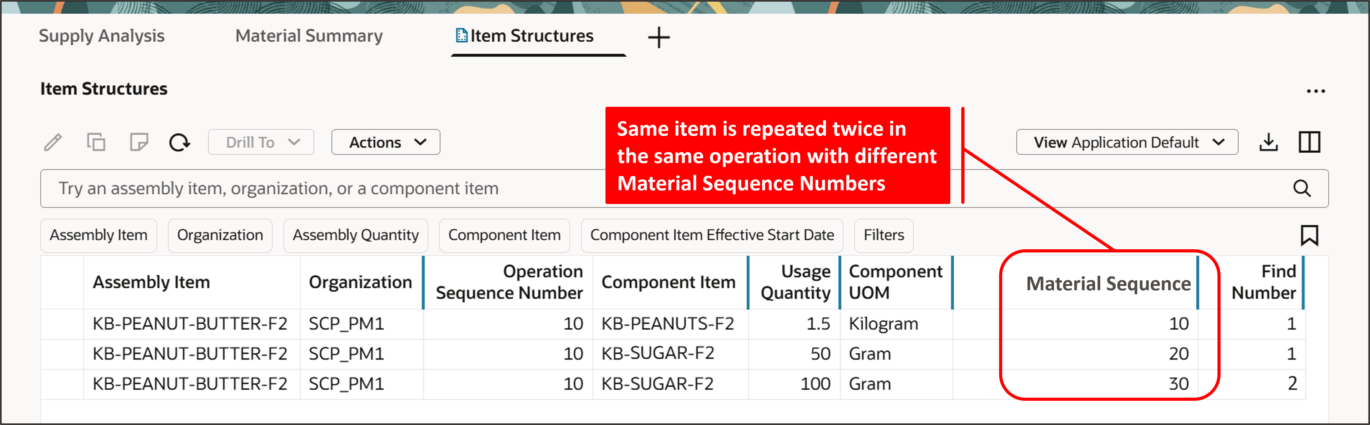 Material Sequence Column on Item Structures Page