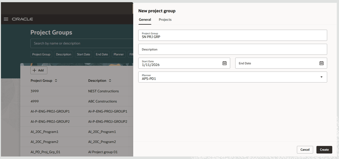 The New Project Group General Tab