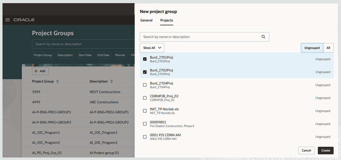Select Projects to Associate to a Project Group