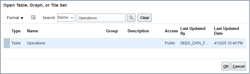 Open Table, Graph, or Tile Set Section