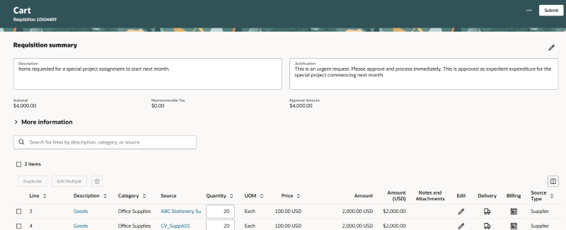 Description and Justification Editable on Cart