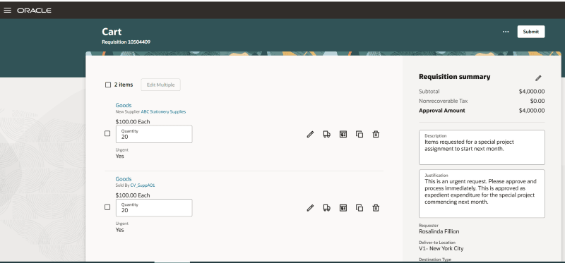 Edit Description and Justification in the List View of the Shopping Cart