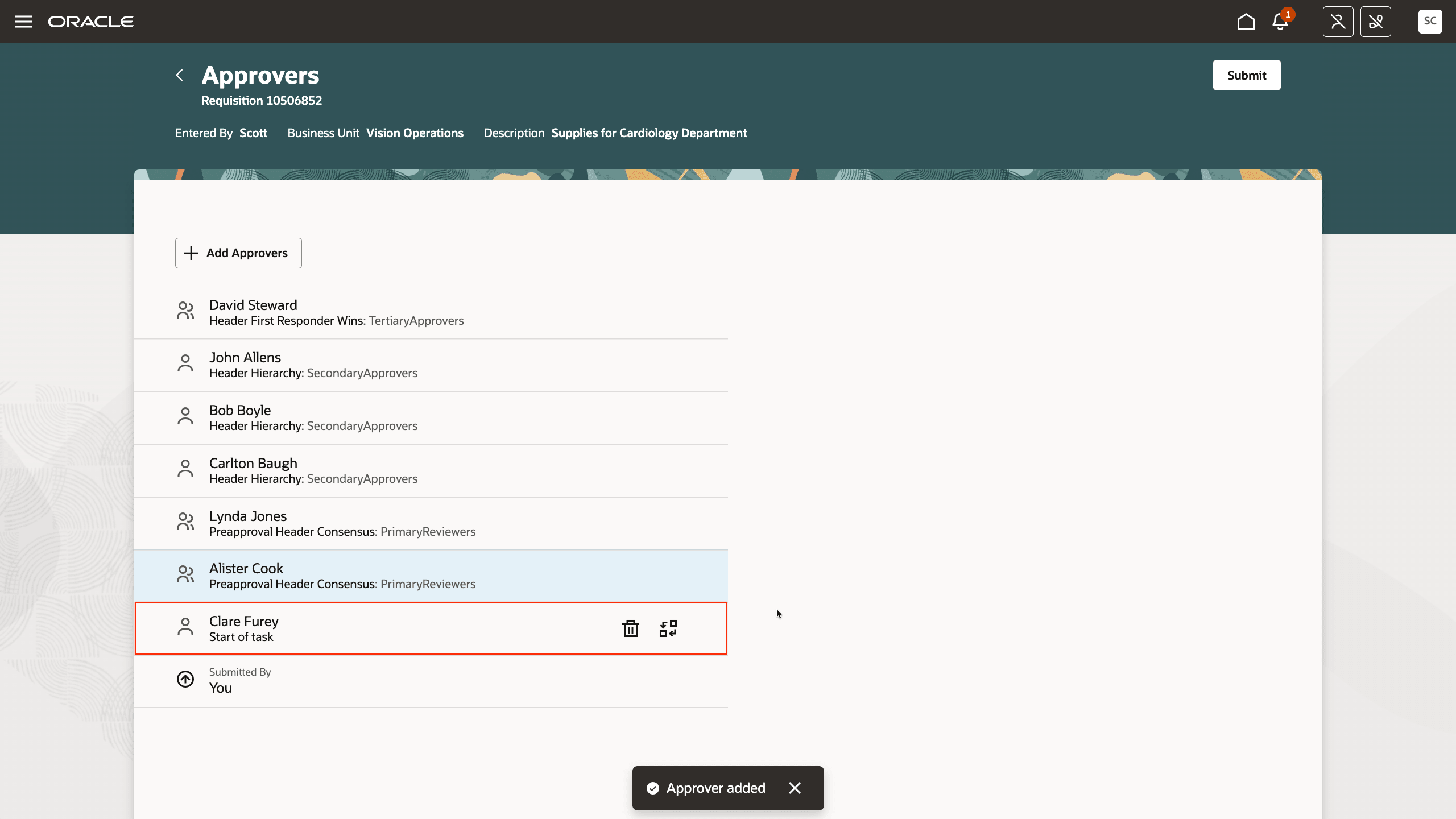 An Approver Added to Start of Task