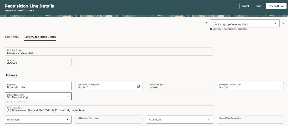 Edit Requisition Line Details - Billing