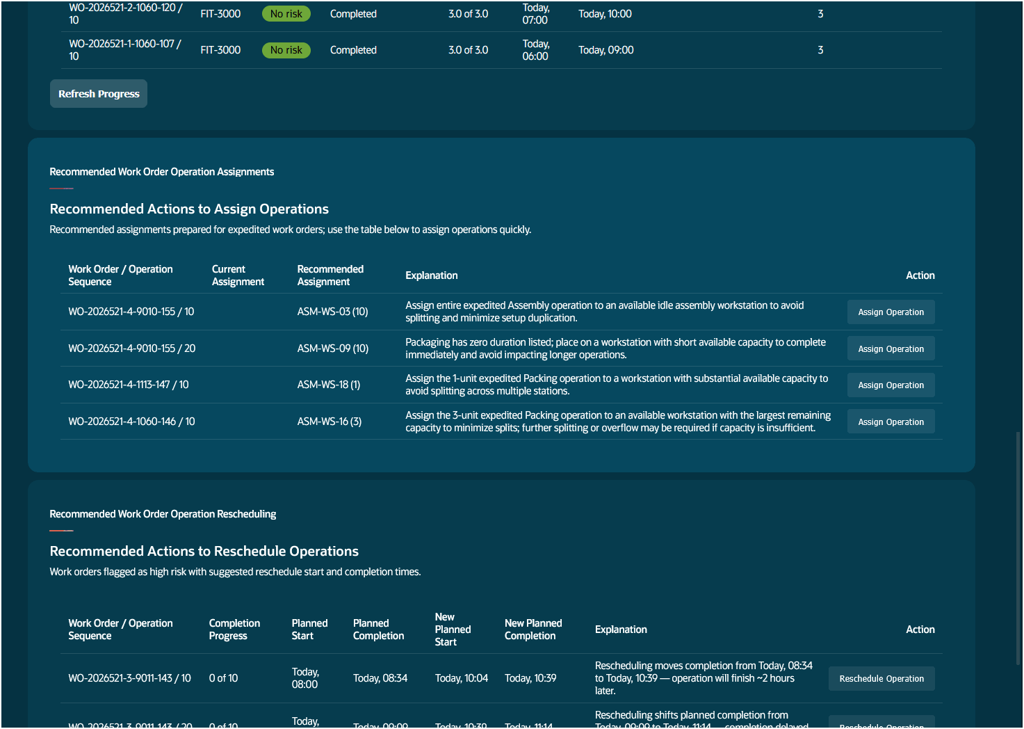 Work Order Advisor Recommended Actions to Assign Operations and Reschedule Operations