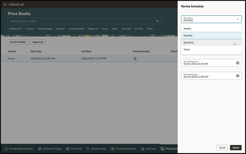 Reschedule Price Book Generation