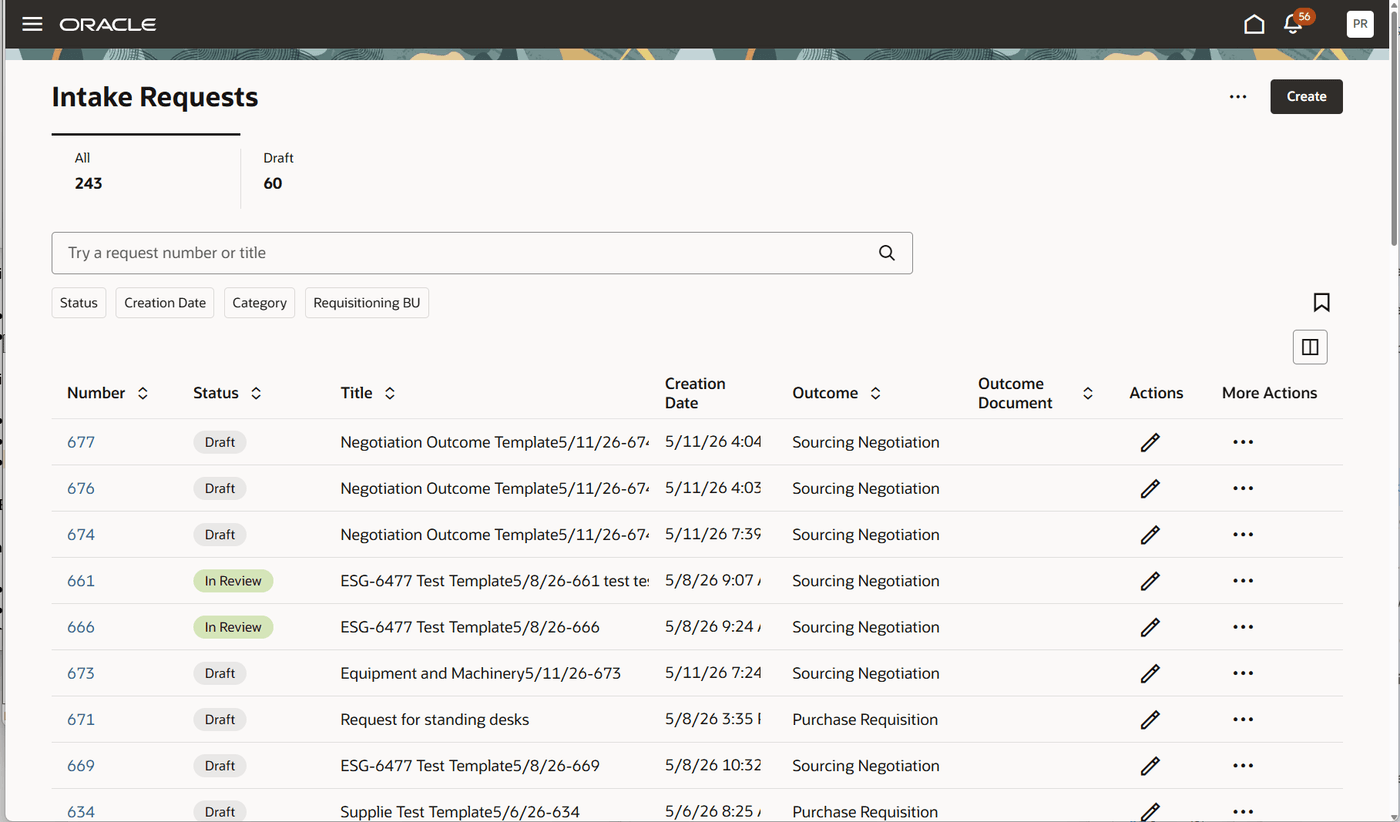 Intake Requests landing page (Requester)