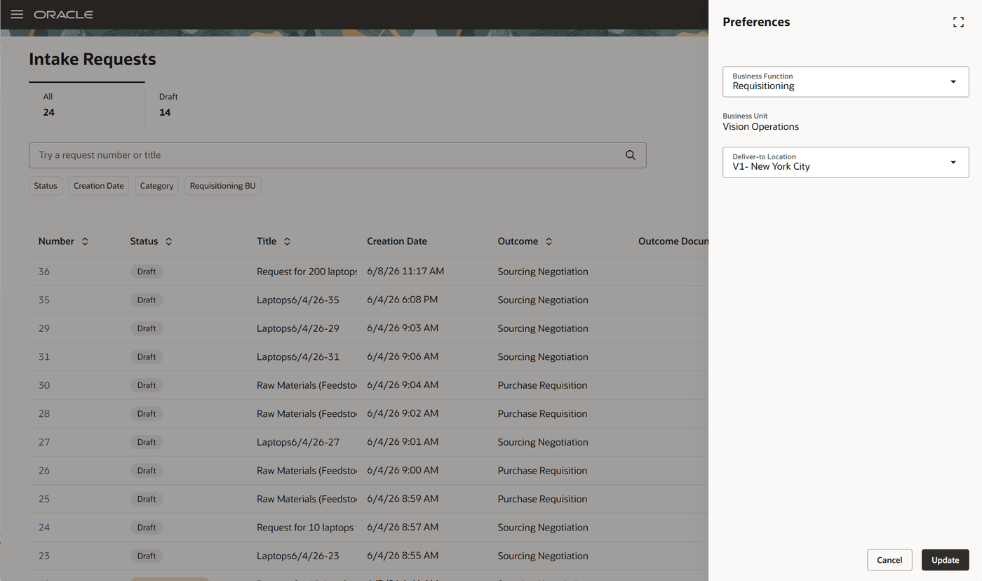Intake Request Preferences drawer on the Intake Requests landing page