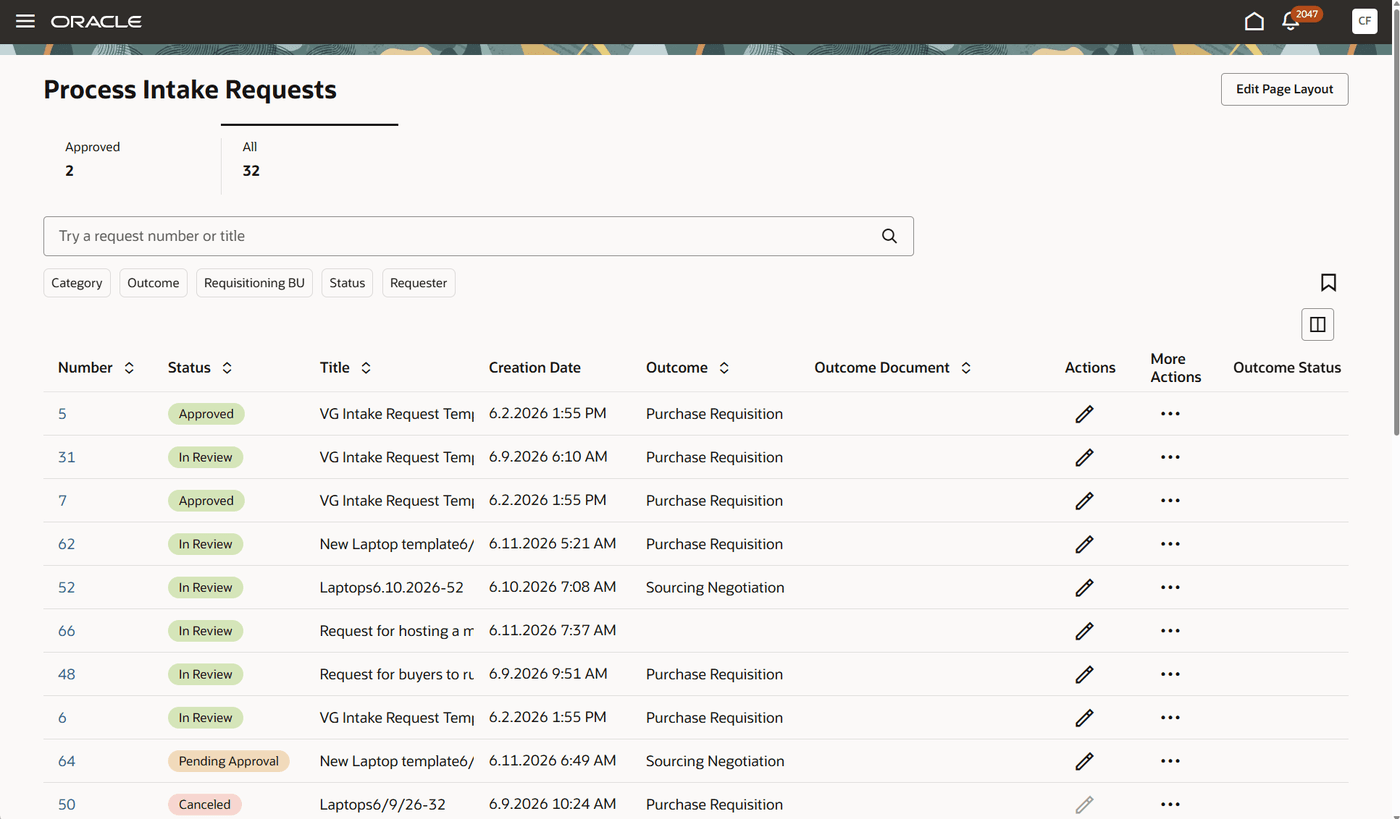 Process Intake Requests page (Intake Manager)