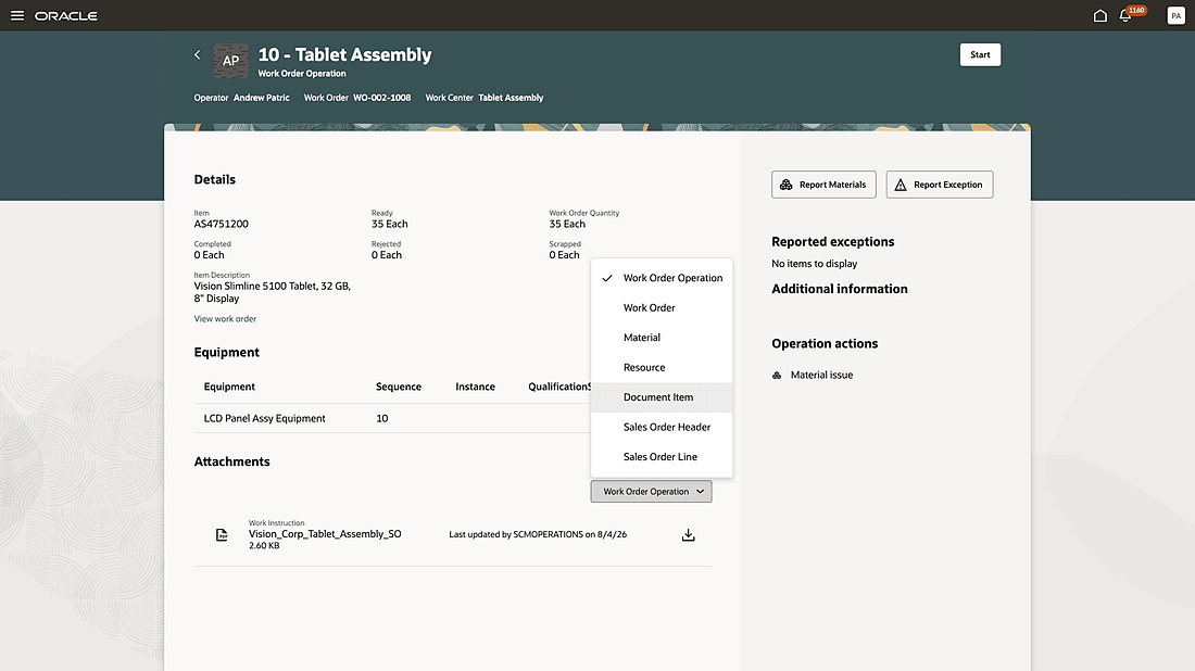 Review document item attachment during execution of an operation