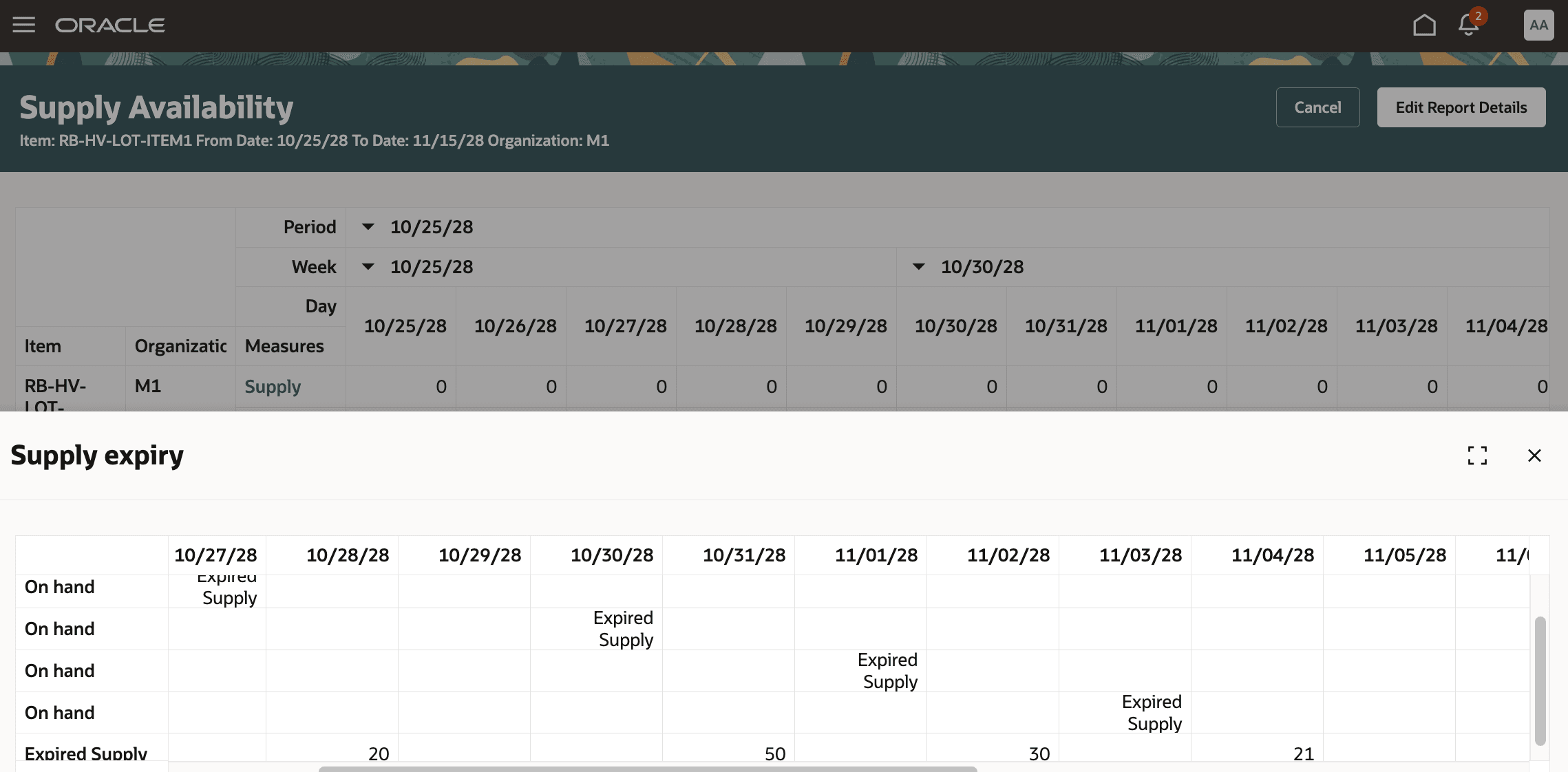 Supply Availability Report Bottom Drawer Showing Expired Supply