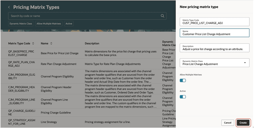 New pricing matrix type page showing all the required fields