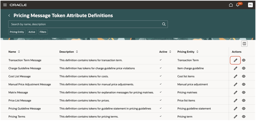 Edit pricing message token attribute definition