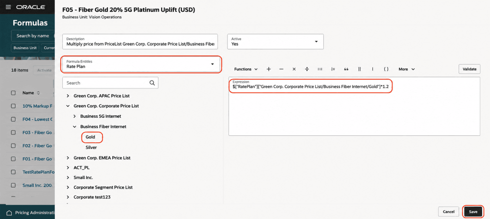 Formula definition using rate plan