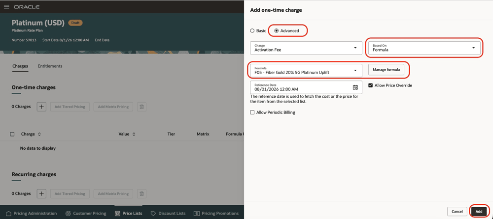 Add one-time charge using rate plan formula