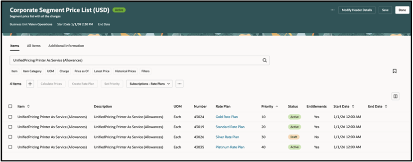 Price List: Subscriptions – Rate Plans view
