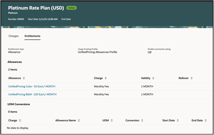 Rate Plan – Entitlements