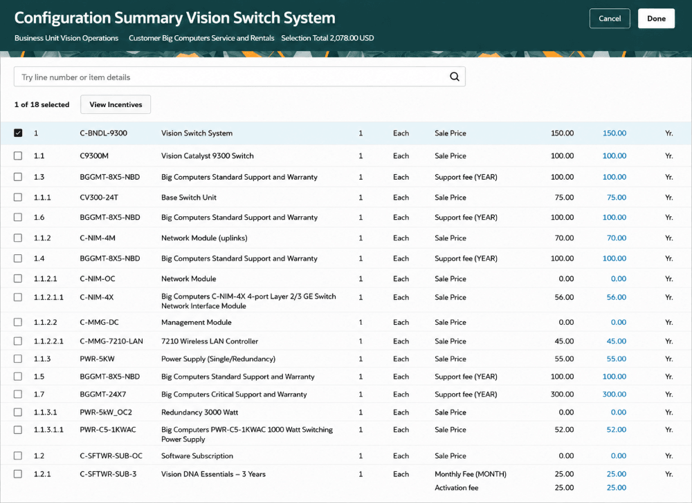 Configuration summary view - coverage and subscription